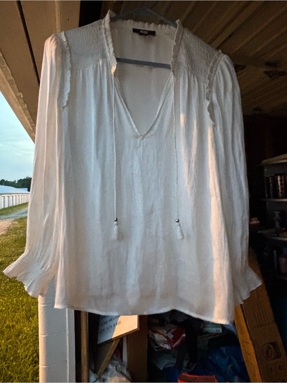 Paige White Smocked V-Neck Peasant Blouse with Tassel Ties - Women